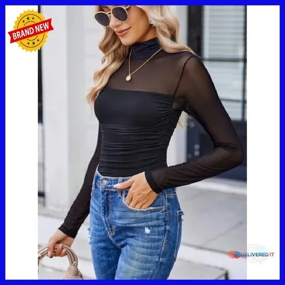 Long Sleeve Bodysuit Shapewear Mesh Turtleneck Going Out Top - Picture 3 of 8